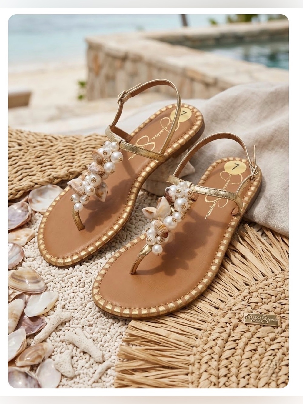 Jessica Simpson Beliva Gold Pearl & Shell Embellished Women's Sandals